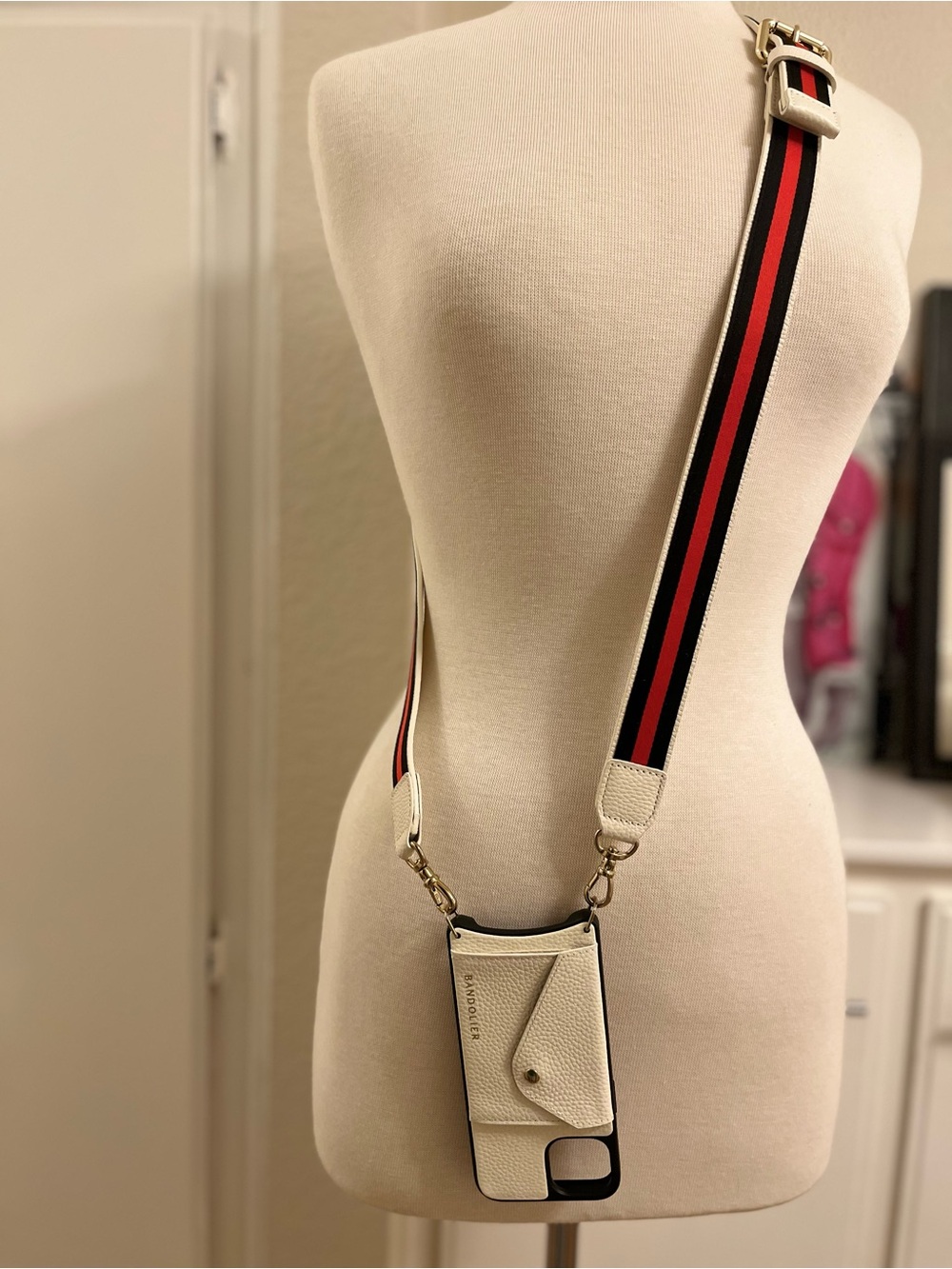 Bandolier White Phone Crossbody with Red & Black Stripe Strap